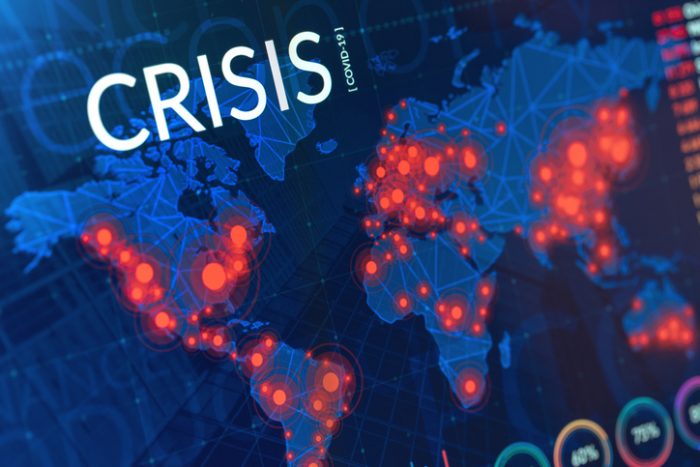 Crisis Of Economy / Financial / Healthcare. Coronavirus Covid 19 Map Of Infected Regions On Digital Display.