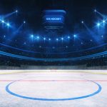 Ice Hockey Rink And Illuminated Indoor Arena With Fans, Middle Circle View