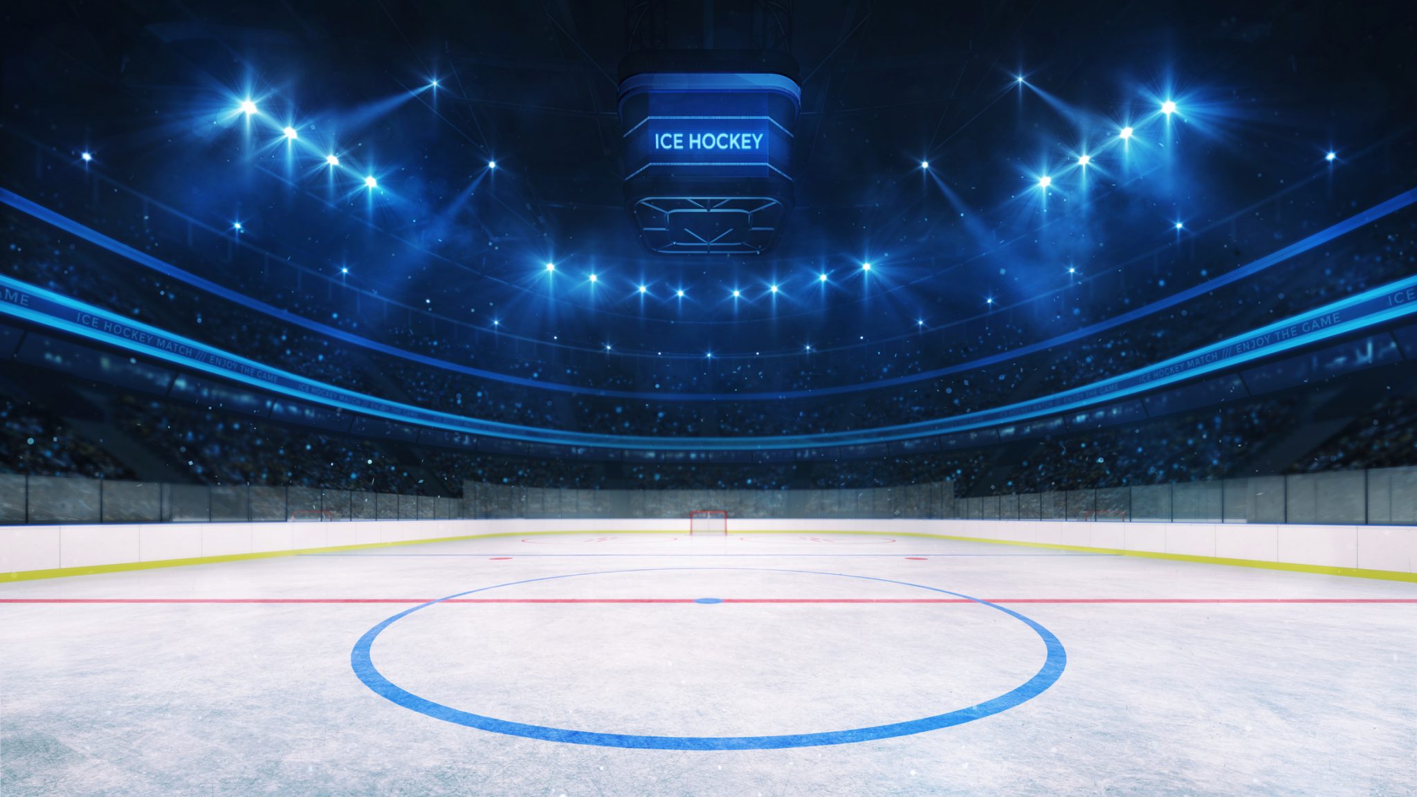 Ice Hockey Rink And Illuminated Indoor Arena With Fans, Middle Circle View