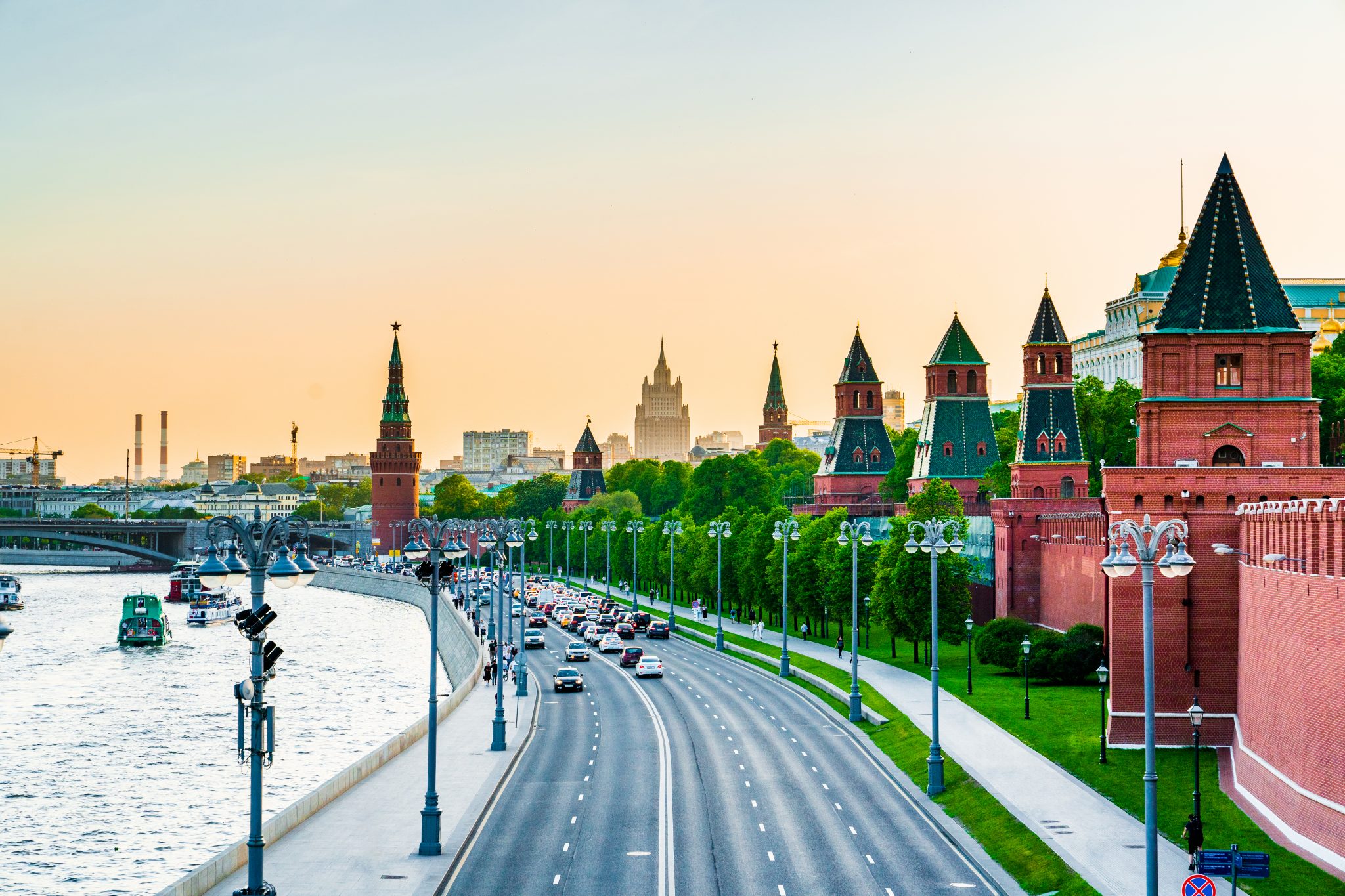 The Moscow Kremlin Panorama In Sunset.