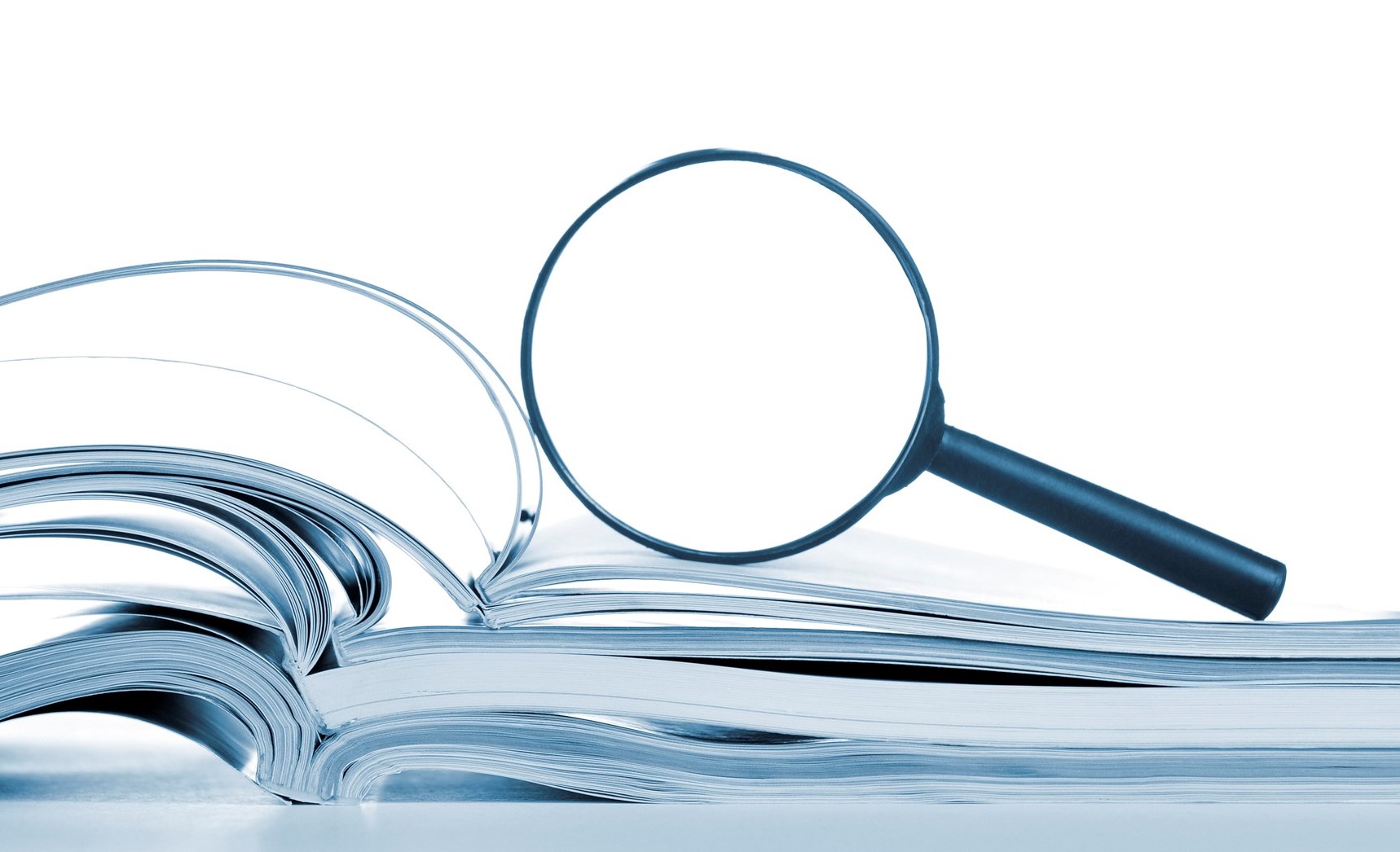 Searching, Opened Magazines And Magnifier Glass, Side View, Isolated White