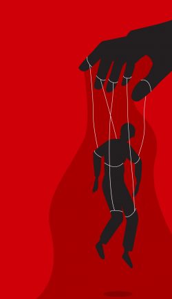 Manipulator Concept Vector Illustration. Puppet Master Hand Manipulate Man Silhouette. Control Domination Exploitation Background