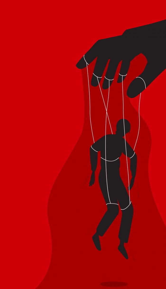 Manipulator Concept Vector Illustration. Puppet Master Hand Manipulate Man Silhouette. Control Domination Exploitation Background